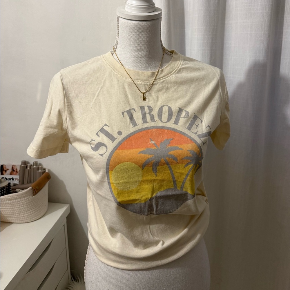 Forever 21 St. Tropez Sunset Graphic Tee - Cream, Yellow, Orange, Gray